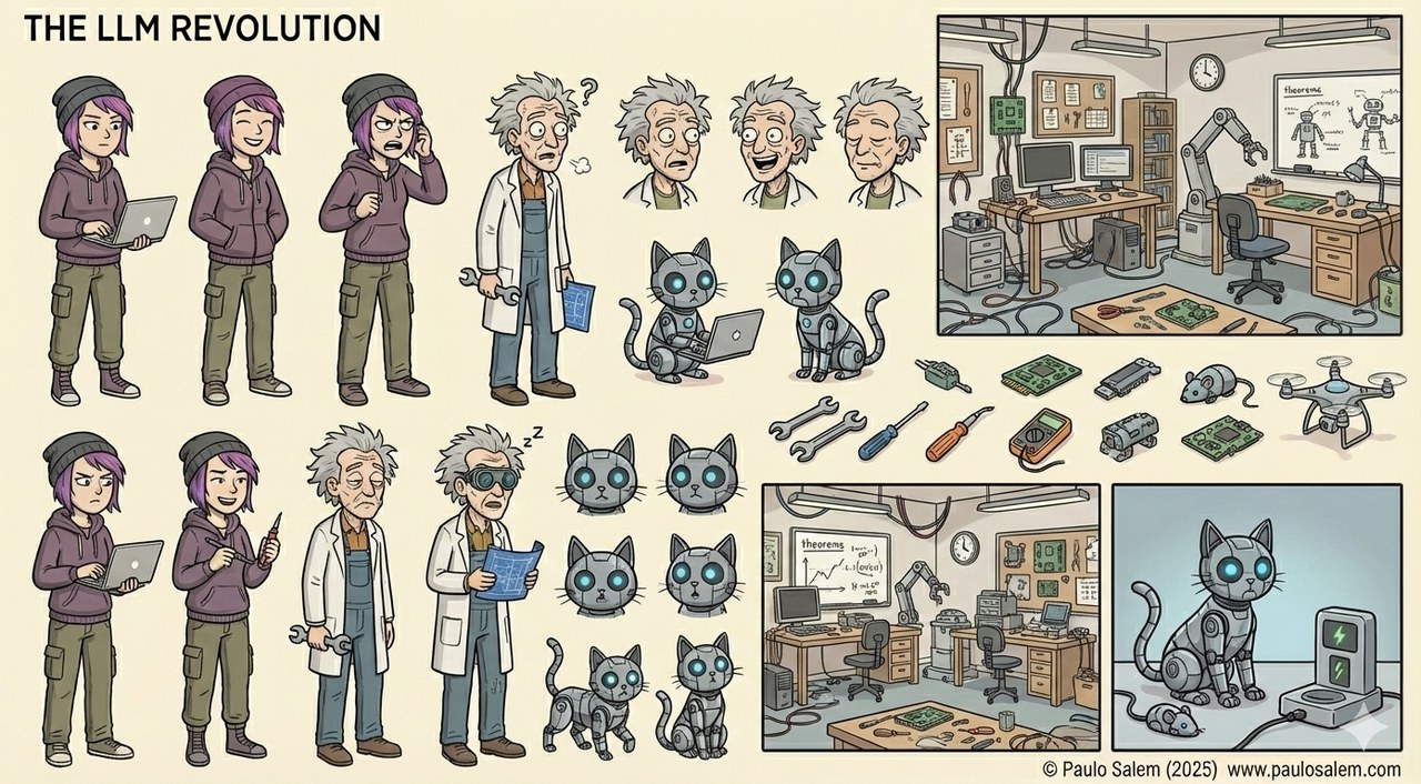 A character-reference sheet titled THE LLM REVOLUTION, showing model turnarounds and expressions for a wild-haired scientist in a lab coat, goggles and overalls (Doctor Krazy) and a silver-grey robotic cat with glowing cyan eyes (Deimotron), plus a workshop full of tools and gadgets.
