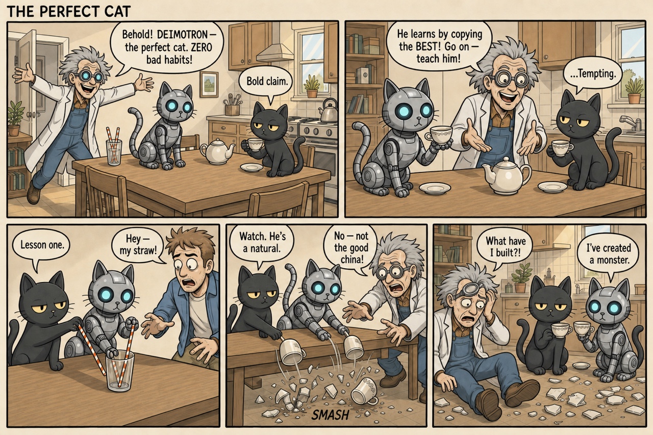 A five-panel color comic strip titled THE PERFECT CAT. Doctor Krazy unveils a robotic cat, Deimotron, that copies the black cat Deimos pose for pose, steals a straw, and knocks the china off the table. Final panel: Krazy cries What have I built?! and Deimos deadpans I've created a monster.
