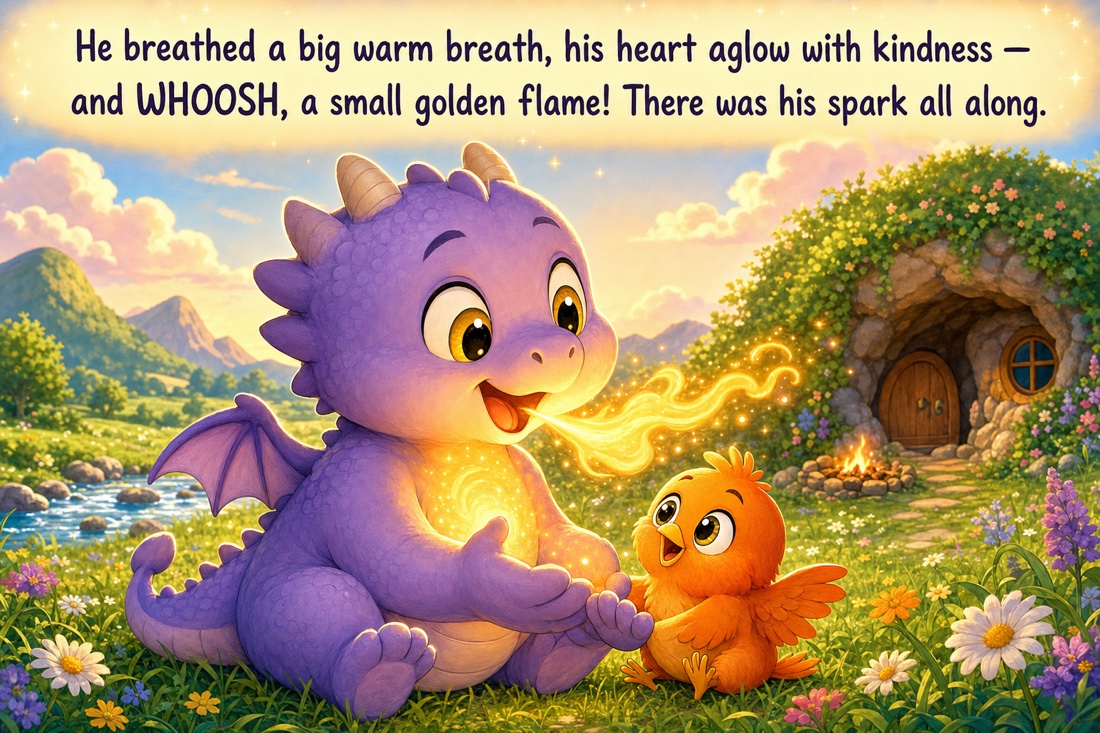 A bright storybook page: Orion, a small purple dragon, sits beside his little orange bird friend Pip as a gentle golden flame appears at last. Lettered narration reads: He breathed a big warm breath, his heart aglow with kindness, and WHOOSH, a small golden flame! There was his spark all along.